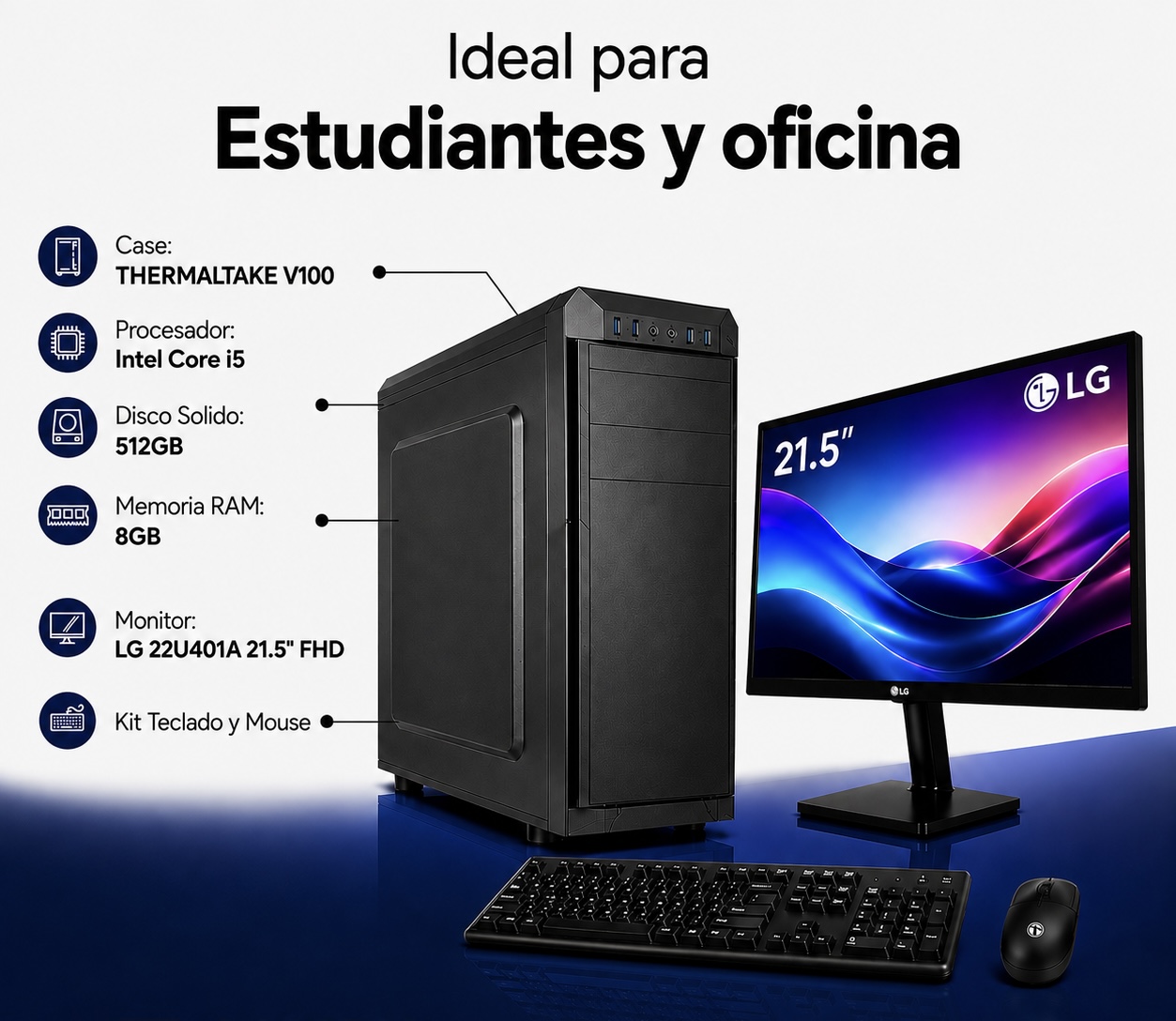 IMG_0792 PC THERMALTAKE INTEL CORE I5-10400, 8GB RAM, 512GB SSD, TECL+MOUSE, WIFI, MONITOR 21.5'' - Imagen 1