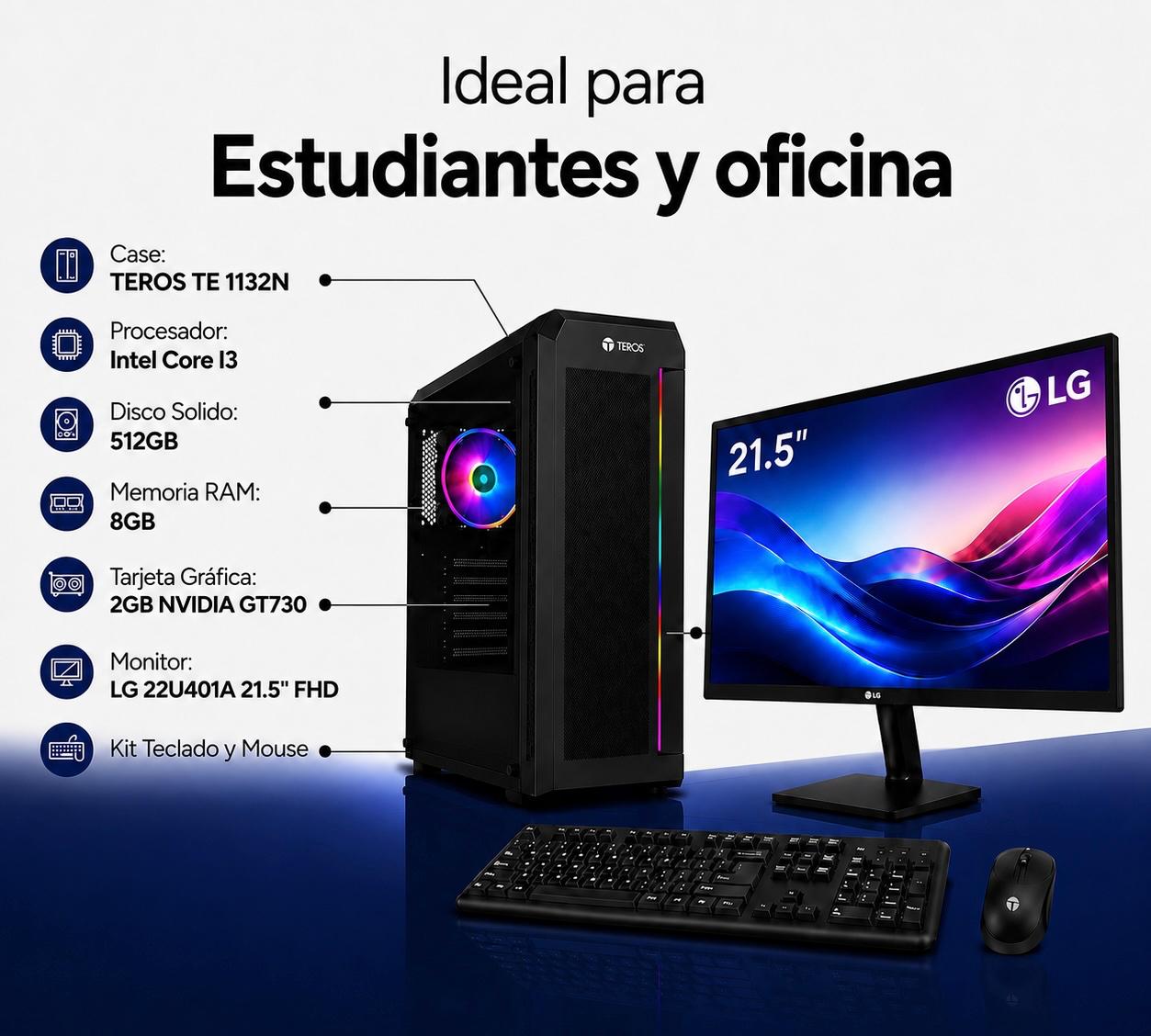 PC CORE I3 PC TEROS I3-12100, 8GB RAM, 512GB SSD, 2GB VIDEO, TECL, MOUSE, WIF - Imagen 1